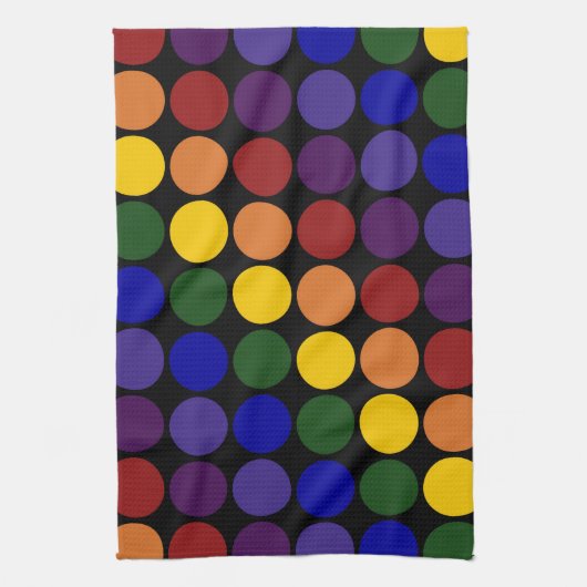 Rainbow Polka Dots on Black Theedoek (Verticaal)
