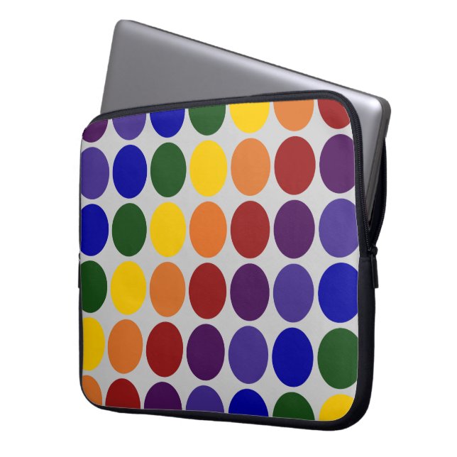 Rainbow Polka Dots on Grey Laptop Sleeve (Voorkant Links)