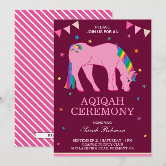 Rainbow Pony Baby Girl Aqiqah Kaart (Voorkant / Achterkant)