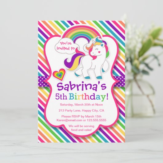 Rainbow Pony Unicorn Verjaardagsfeestje Uitnodigin Kaart (Staand voorkant)