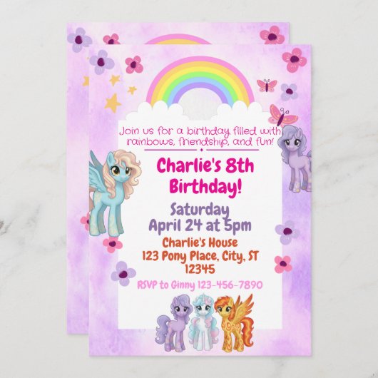 Rainbow Pony verjaardagsfeestje Kaart (Voorkant / Achterkant)