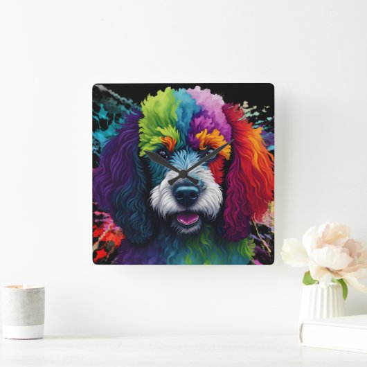 Rainbow Poodle Waterverf Vierkante Klok (Huis)