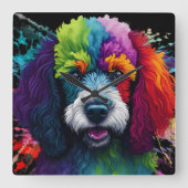 Rainbow Poodle Waterverf Vierkante Klok (Voorkant)