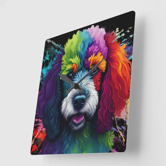 Rainbow Poodle Waterverf Vierkante Klok (Hoek)