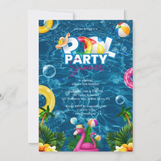 Rainbow Pool Party Birthday Invitation  Kaart (Voorkant)