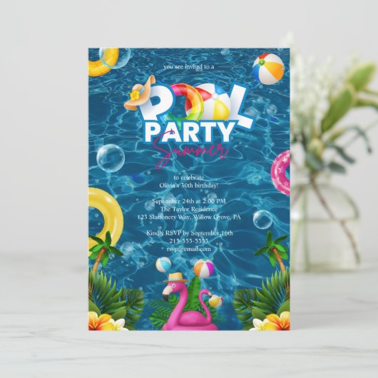 Rainbow Pool Party Birthday Invitation  Kaart (Staand voorkant)