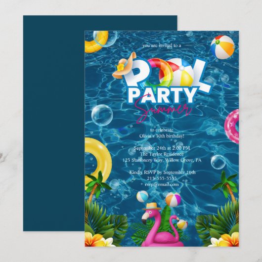 Rainbow Pool Party Birthday Invitation Kaart (Voorkant / Achterkant)