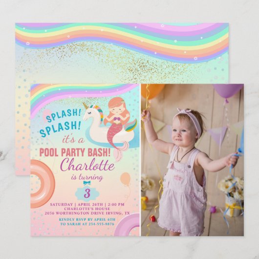 Rainbow Pool Party Unicorn Mermaid Birthday Foto Kaart (Voorkant / Achterkant)