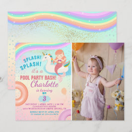 Rainbow Pool Party Unicorn Mermaid Birthday Foto Kaart