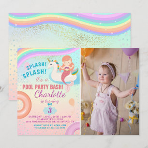Rainbow Pool Party Unicorn Mermaid Birthday Foto Kaart