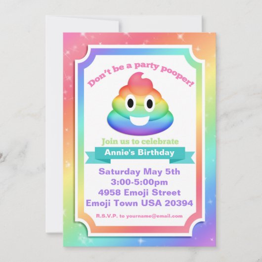 Rainbow Poop Emoji Birthday Uitnodiging (Voorkant)