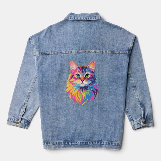 Rainbow Pop Cat – Vibrant Vector Feline Art Denim Jacket (Achterkant)