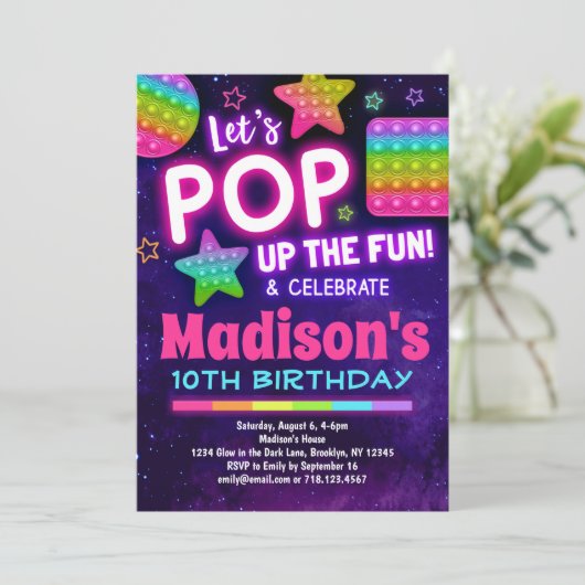 Rainbow Pop Fidget Birthday Invitation for Girls Kaart (Staand voorkant)