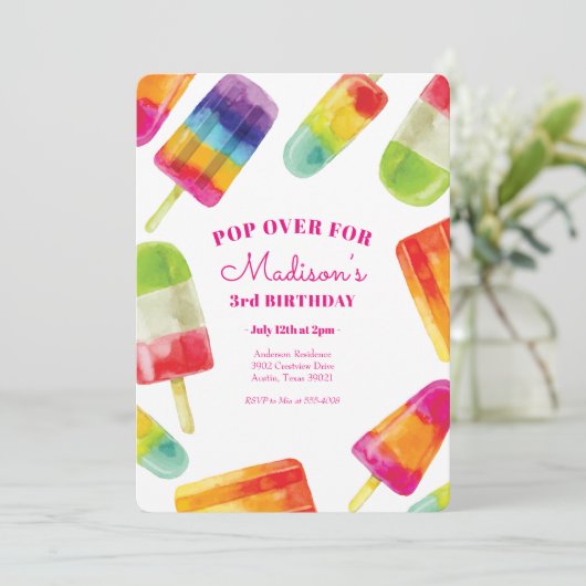 Rainbow Popsicle Summer Birthday Invitation Kaart (Staand voorkant)