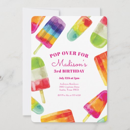 Rainbow Popsicle Summer Birthday Invitation Kaart (Voorkant)