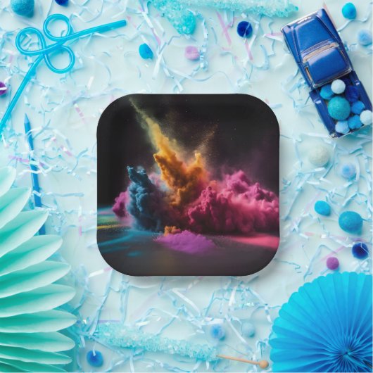 Rainbow Powder Blast op zwart Papieren Bordje (Feest)