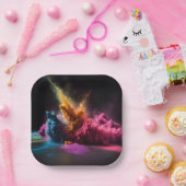 Rainbow Powder Blast op zwart Papieren Bordje (Feest)