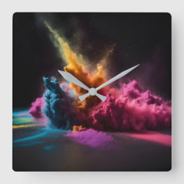 Rainbow Powder Blast op zwart Vierkante Klok