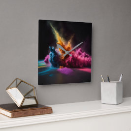 Rainbow Powder Blast op zwart Vierkante Klok