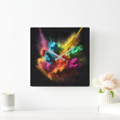 Rainbow Powder Blast op zwart Vierkante Klok (Huis)