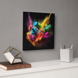Rainbow Powder Blast op zwart Vierkante Klok