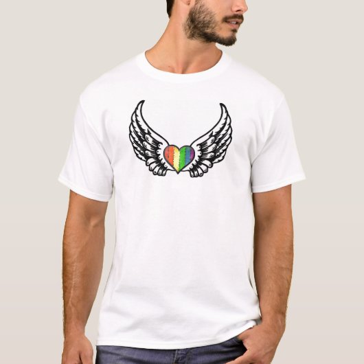 Rainbow Pride GLBT Heart met Wings T-shirt (Voorkant)