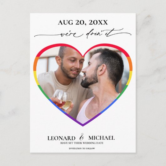 Rainbow Pride Heart Photo Lijst Save the Date Briefkaart (Voorkant)