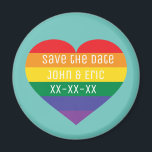 Rainbow Pride Heart Save the Date Magneet<br><div class="desc">This magnet features a rainbow heart containing the words,  "Save the date" and a template for the koppel's first names and date event. Show your true cohui,  marriage equality and celebrate gay pride.</div>