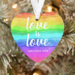 Rainbow Pride Love is Love Christmas Heart Shaped Ornament<br><div class="desc">Een speciaal ornament om te shows en je trots te delen. Het dubbelzijdige hartvormige ornament heeft een waterverf regenboogachtergrond met het citaat liefde is liefde in een moderne witte typografie. Personaliseer met Kerstmis en het huidige jaar.</div>