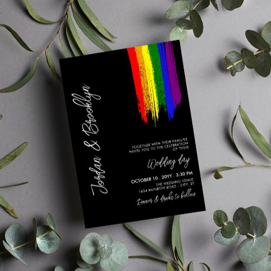 Rainbow Pride Paint Strokes LGBT Wedding Kaart