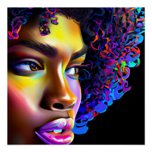 Rainbow Queen Glow Haar Zwart Melanine Afro Perfect Poster (Voorkant)