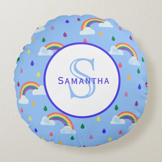Rainbow Rain Storm - Gepersonaliseerd monogram Rond Kussen (Voorkant)