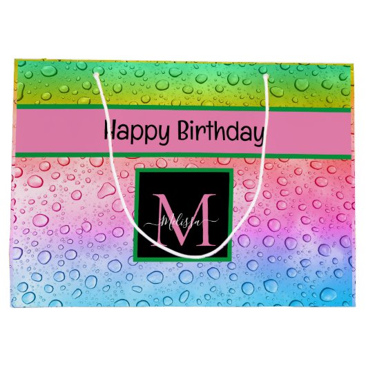 Rainbow Raindrops Monogram Verjaardag Groot Cadeauzakje (Achterkant)