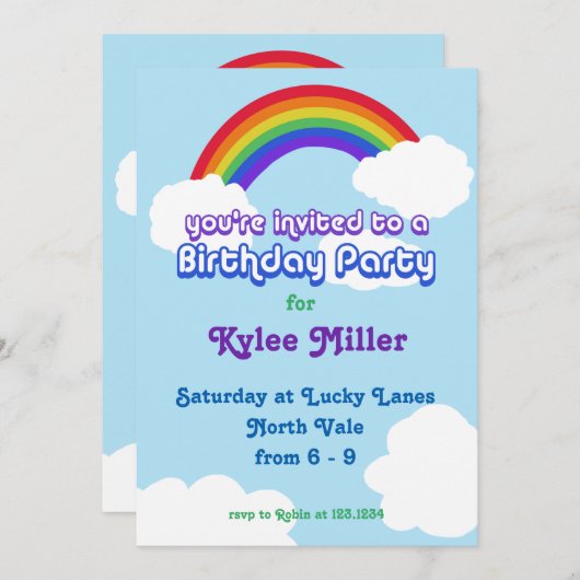 Rainbow retro Birthday Invite Kaart (Voorkant / Achterkant)