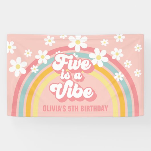 Rainbow Retro Five is a Vibe Groovy 5e Verjaardag Spandoek (Horizontaal)