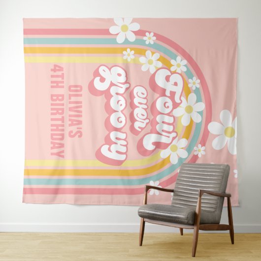 Rainbow Retro Four Ever Groovy 4TH Verjaardag Wandkleed (In Situ (horizontaal))