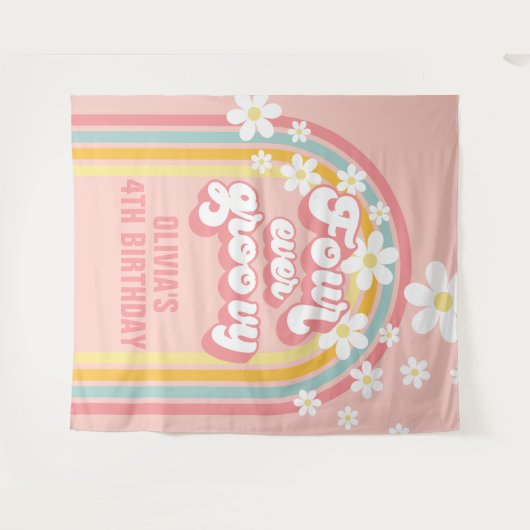 Rainbow Retro Four Ever Groovy 4TH Verjaardag Wandkleed (Voorkant (horizontaal))