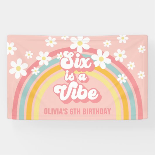 Rainbow Retro Six is een Vibe Groovy 6de Verjaarda Spandoek (Horizontaal)