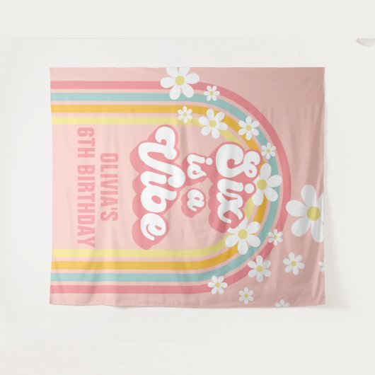 Rainbow Retro Six is een Vibe Groovy 6e verjaardag Wandkleed (Voorkant (horizontaal))