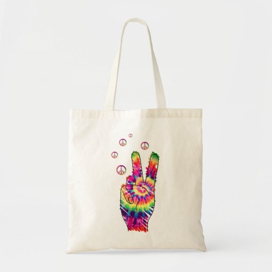 Rainbow Retro Tie Dye Psychedelic Peace Sign Hand Tote Bag (Voorkant)