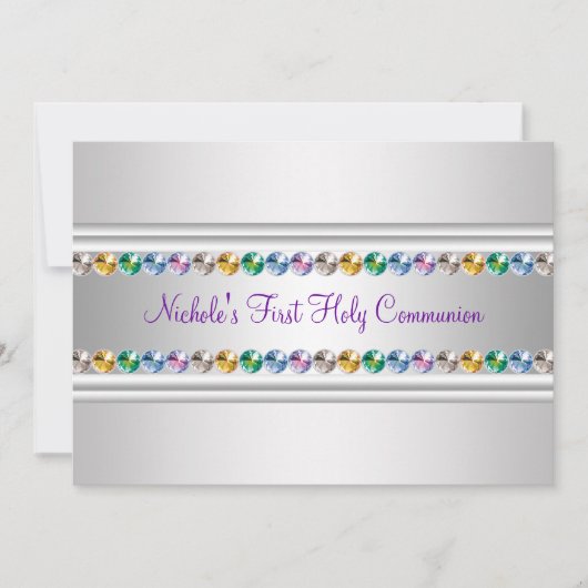 Rainbow Rhinestones Paarse Witte Meisje Eerste Com Kaart (Voorkant)