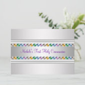 Rainbow Rhinestones Paarse Witte Meisje Eerste Com Kaart (Staand voorkant)