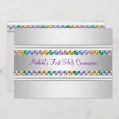 Rainbow Rhinestones Paarse Witte Meisje Eerste Com Kaart (Voorkant / Achterkant)