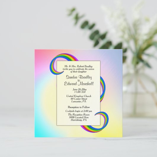 Rainbow Ribbon Wedding Invitation 5,25 x 5,25 inch Kaart (Staand voorkant)