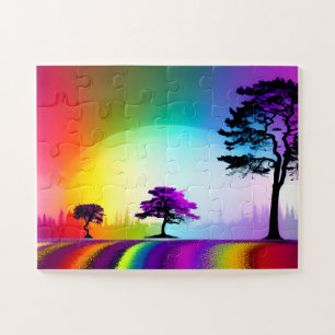 Rainbow Road Door Silhouette Bomen met Paarse Legpuzzel