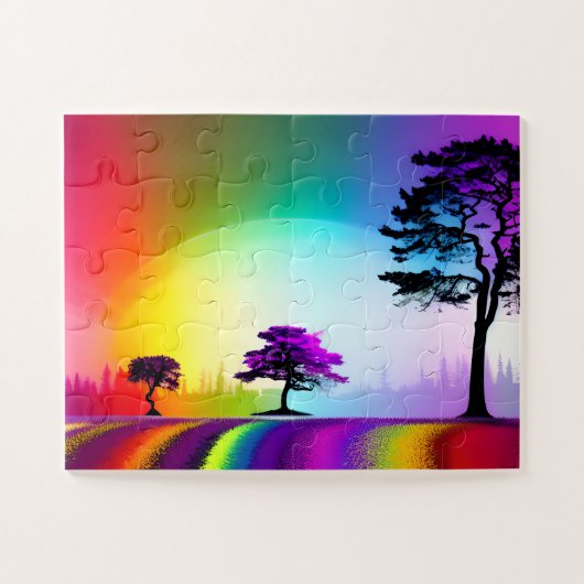 Rainbow Road Door Silhouette Bomen met Paarse Legpuzzel (Horizontaal)