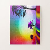 Rainbow Road Door Silhouette Bomen met Paarse Legpuzzel (Verticaal)