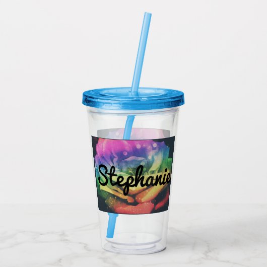 Rainbow Roos Custom Name Cup met stro Acryl Drinkbeker (Achterkant)