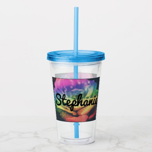 Rainbow Roos Custom Name Cup met stro Acryl Drinkbeker (Voorkant)