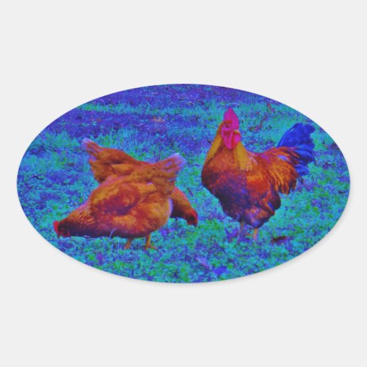 Rainbow Rooster & Hens, elektrisch blauw Ovale Sticker (Voorkant)
